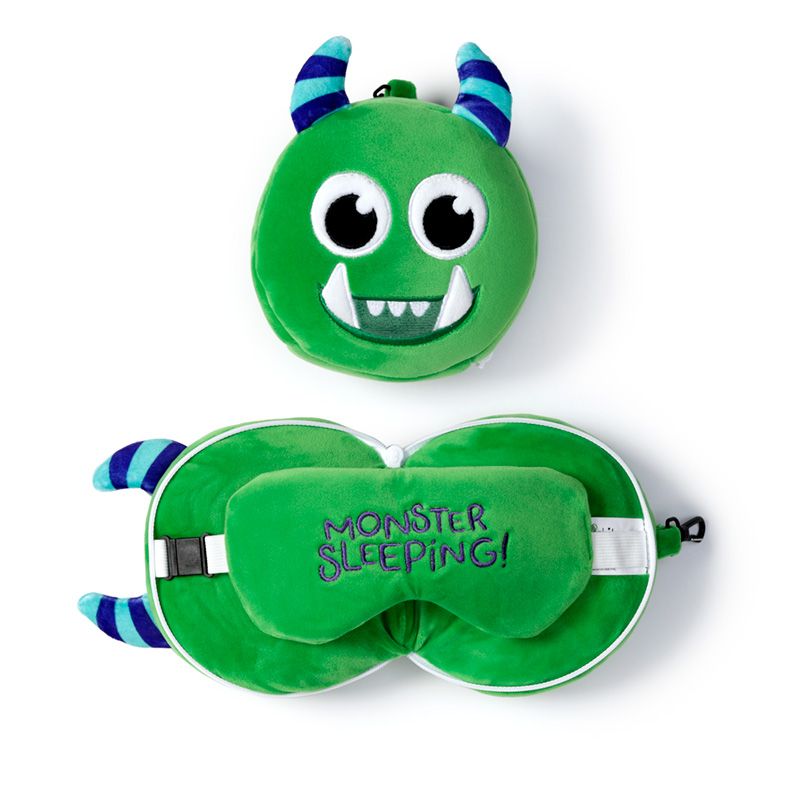 Relaxeazzz Adoramals Travel Pillow with Eye Mask - Green Monstarz