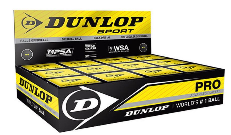 Bolas Squash Dunlop PRO (Ponto Duplo Amarelo) 12 Bolas (K)