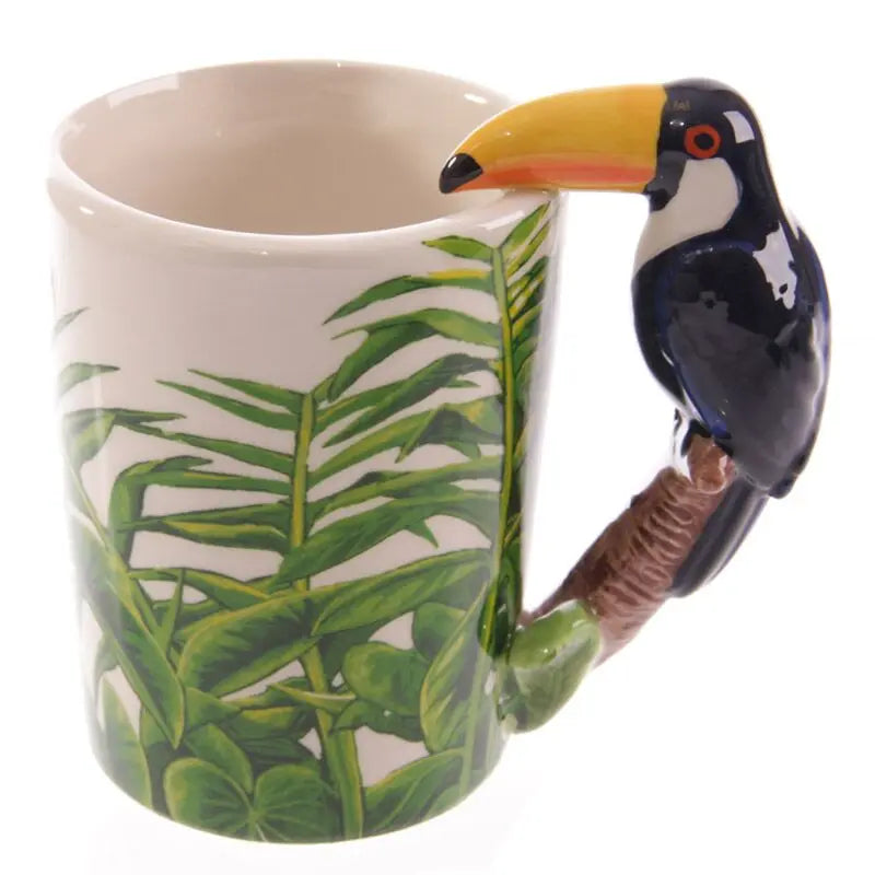 Taza de Cerámica Asa con Forma de Tucán y Decoración Jungla